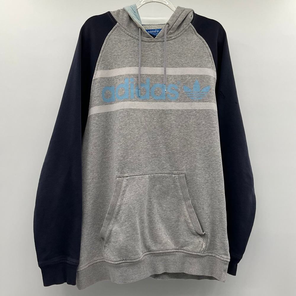 Thrashed Adidas Hoodie Gray Navy Blue Trefoil Logo Size M Sweatshirt Sporty